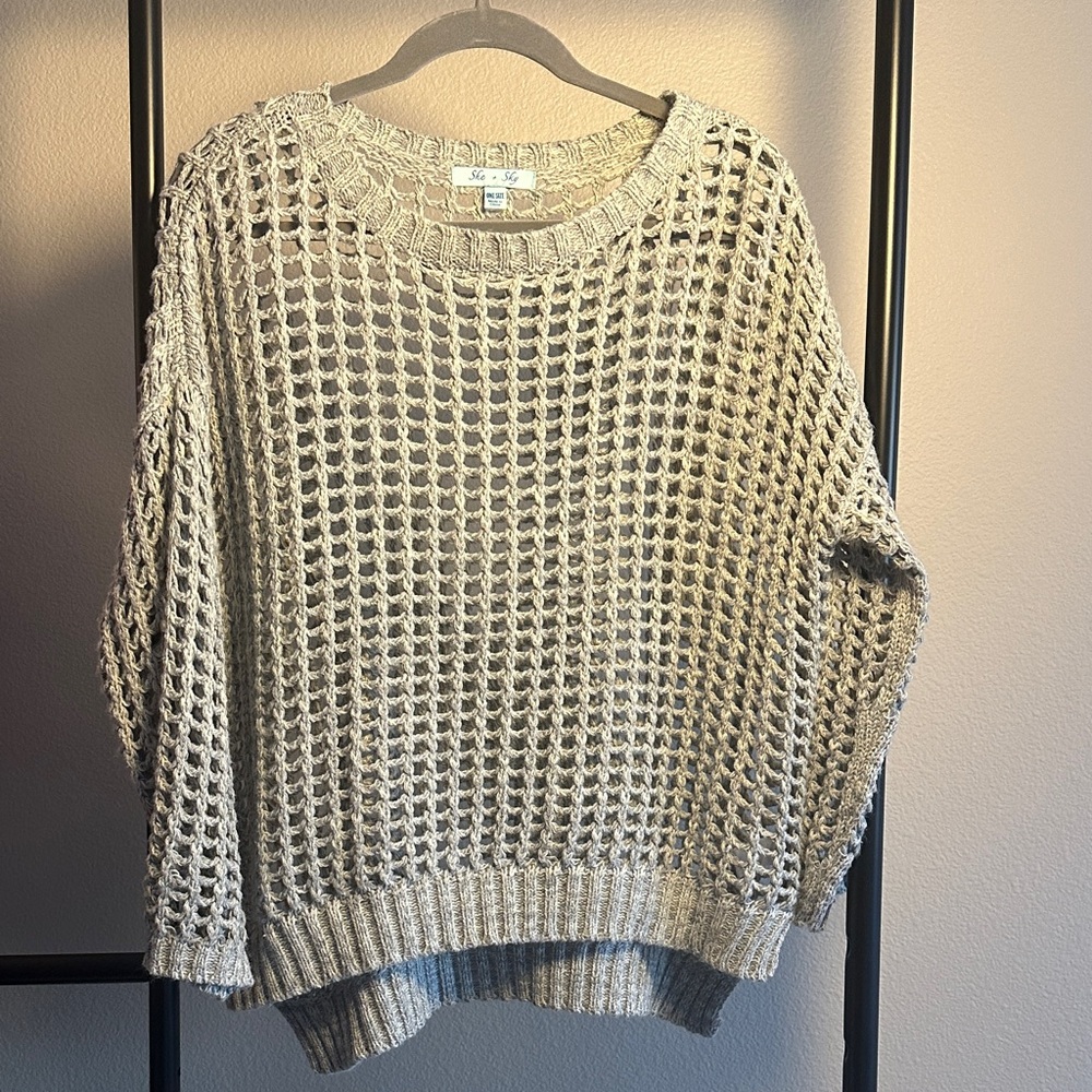 She and Sky Open-Knit Long Sleeve Sweater in Beige
